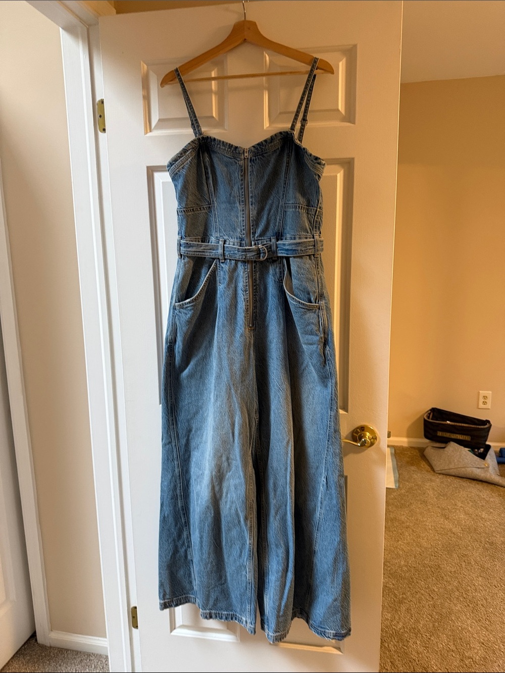 We The Free Light Blue Denim Wide-Leg Jumpsuit with Belt